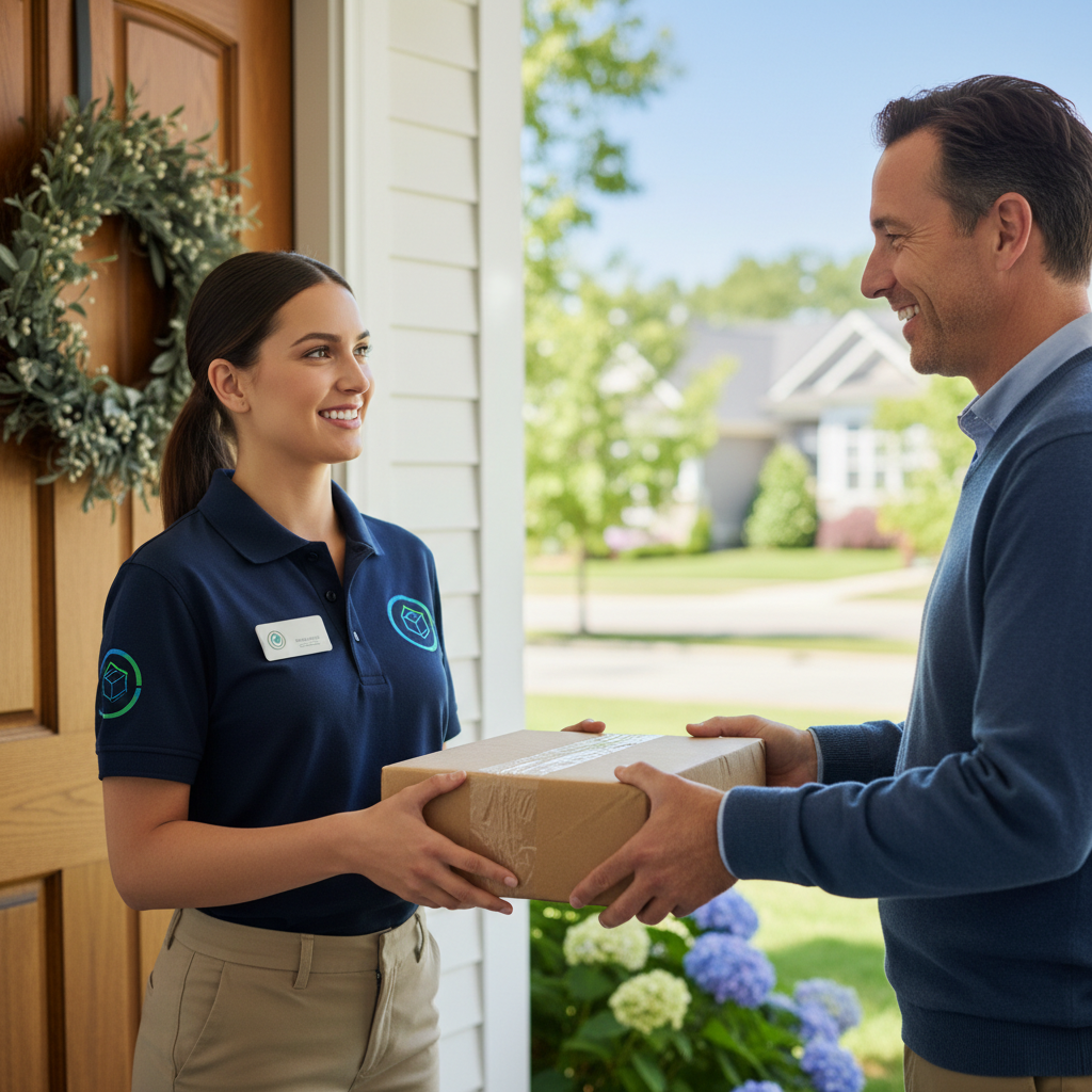 QuickRoute courier delivering a package to a happy customer at their front door