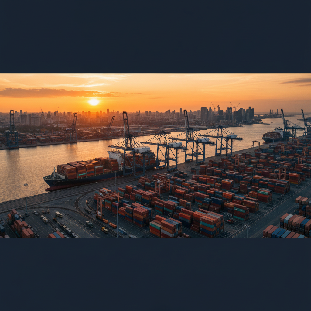 Global shipping and logistics port at dusk with cargo containers
