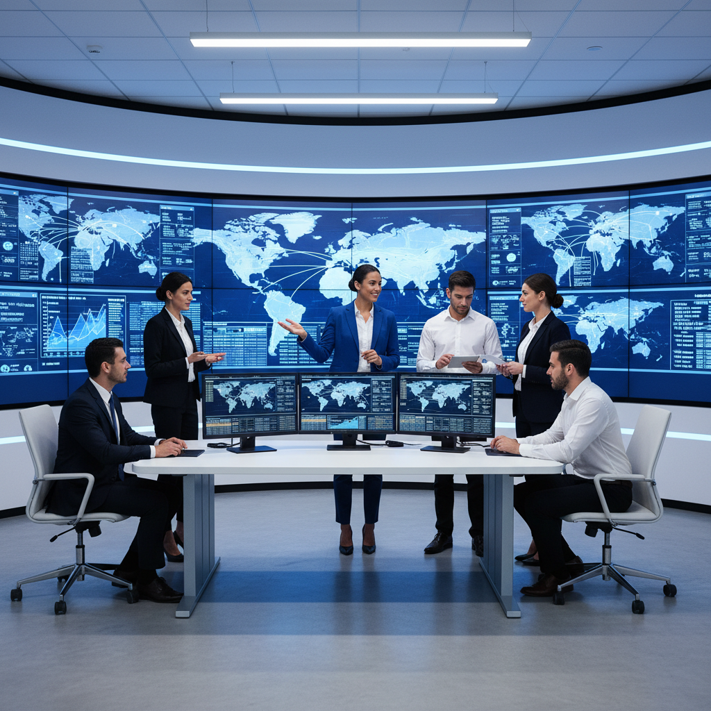 QuickRoute logistics team monitoring global shipments in a modern operations control room